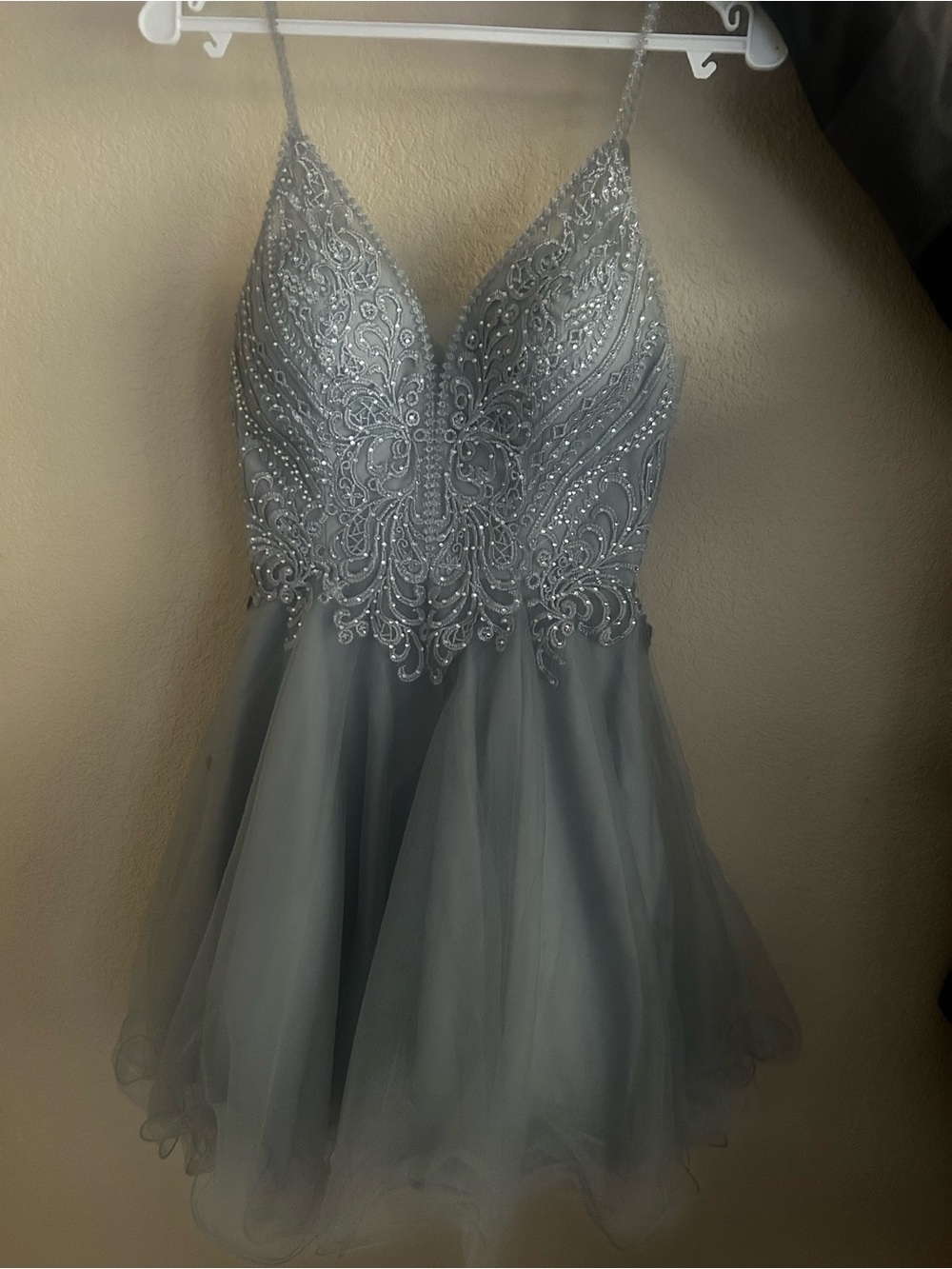 Silver Beaded A-Line Spaghetti Strap Dress